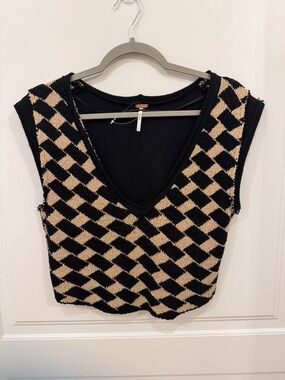 Free People Black & Beige Geometric V-Neck Knit Tank